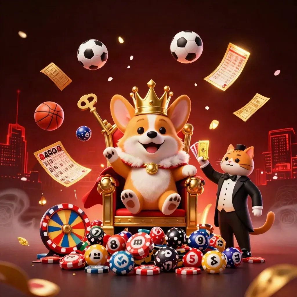 Royal corgi and cat butler amid flying casino and sports game pieces, fiery dark neon backdrop.