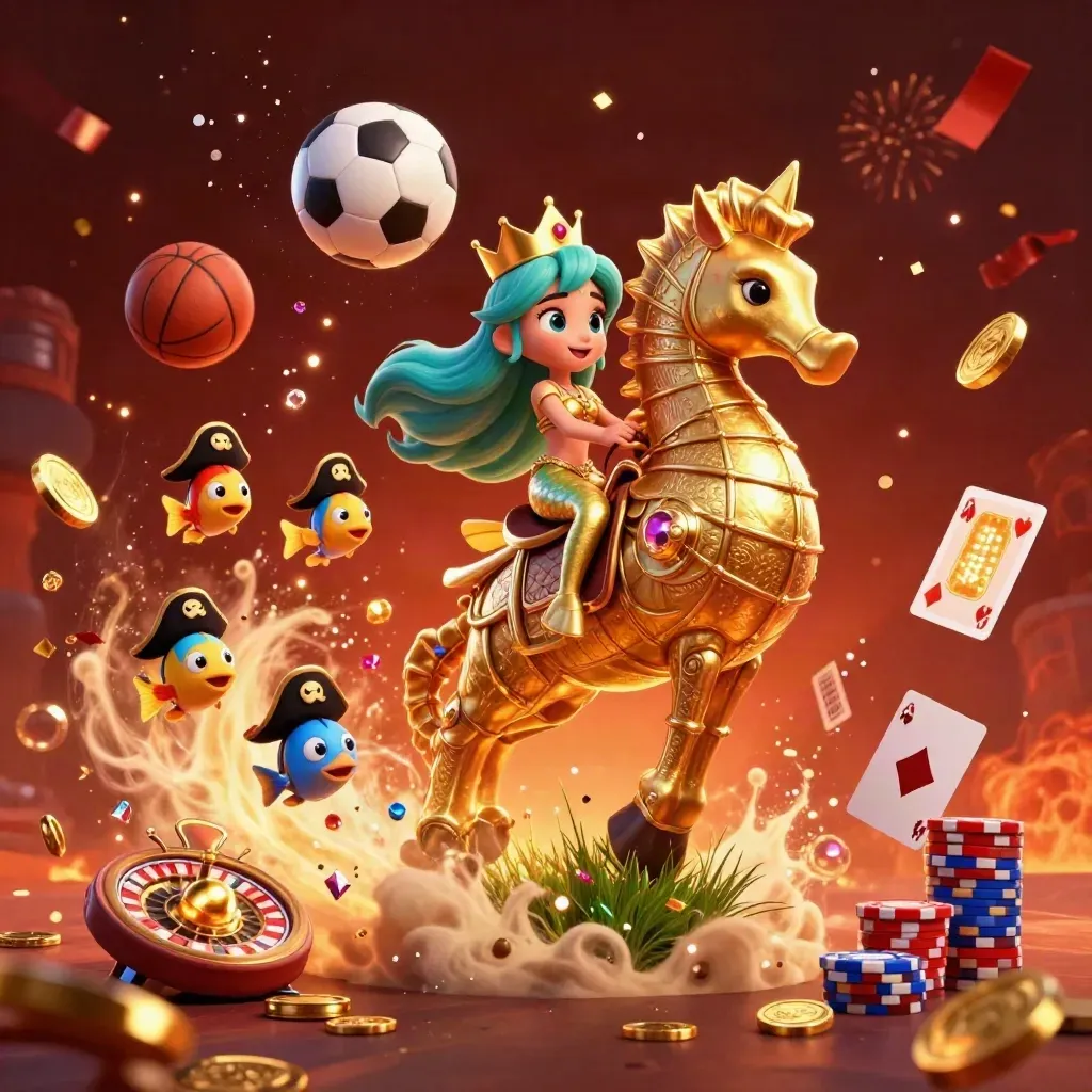 Mermaid on armored seahorse amid coins, roulette, chips, cards, soccer ball and basketball