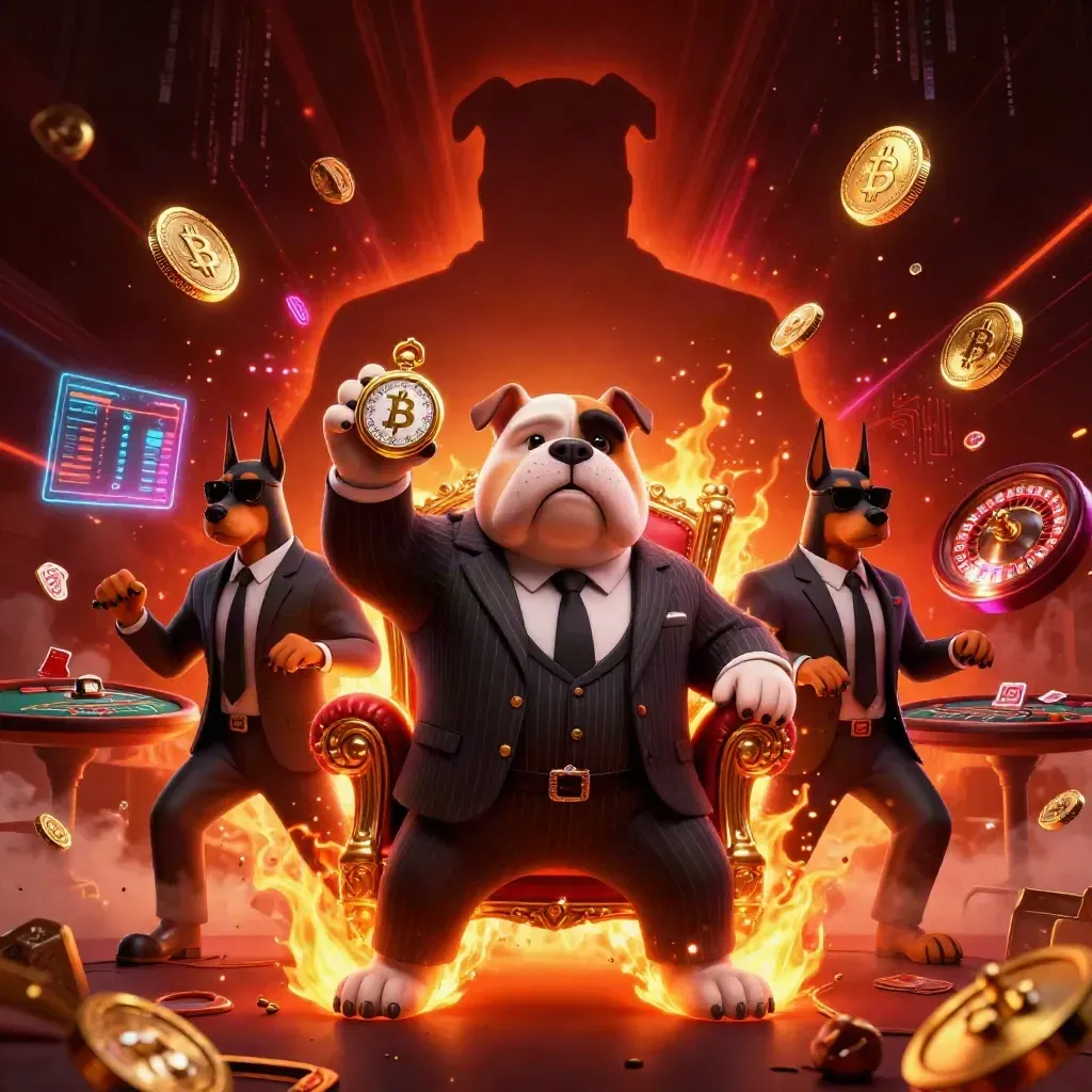 Bulldog mafia boss and two Dobermans in a fiery casino scene with coins, charts, and neon energy.