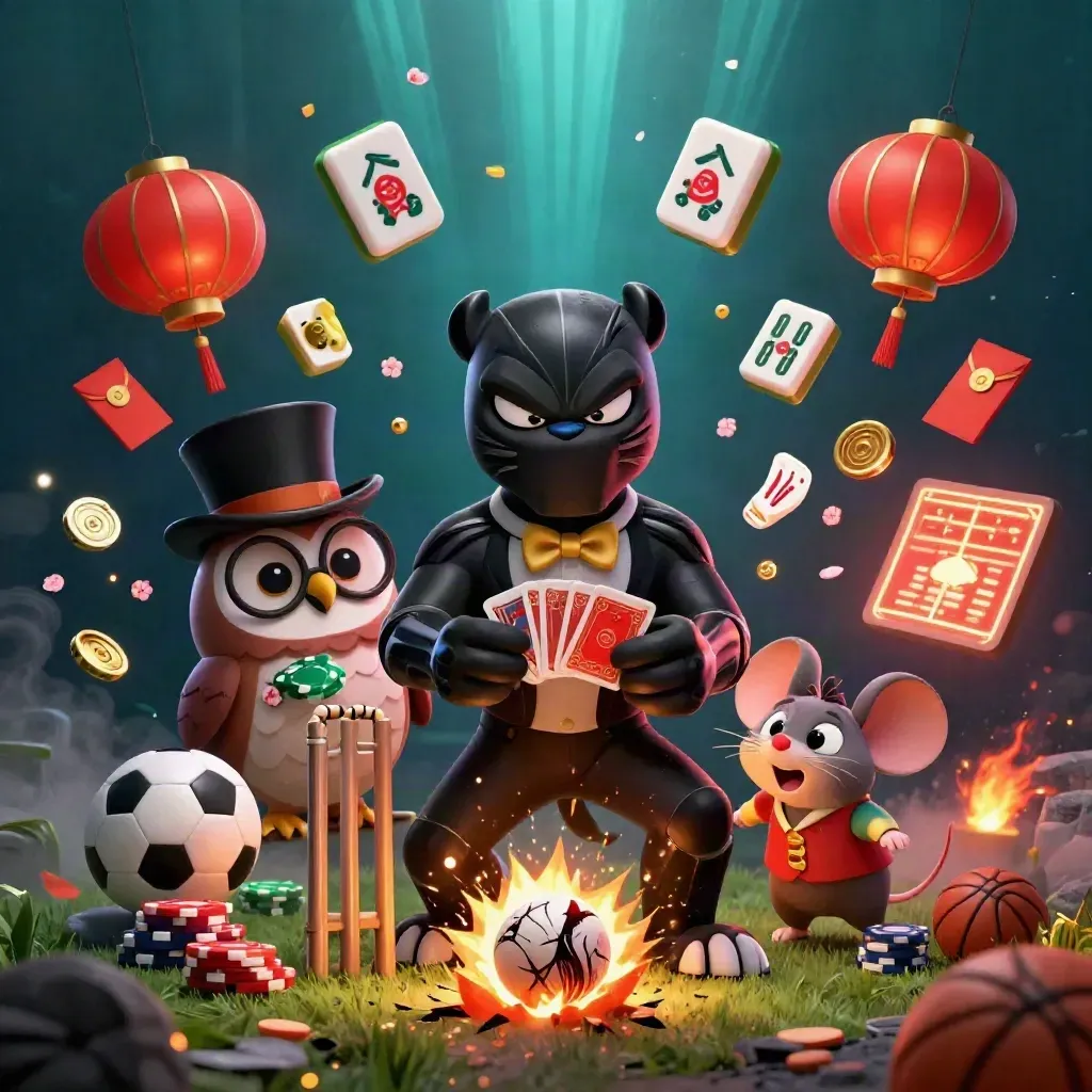 Panther, owl, and mouse amid chips, lanterns, and a cricket ball under neon haze.
