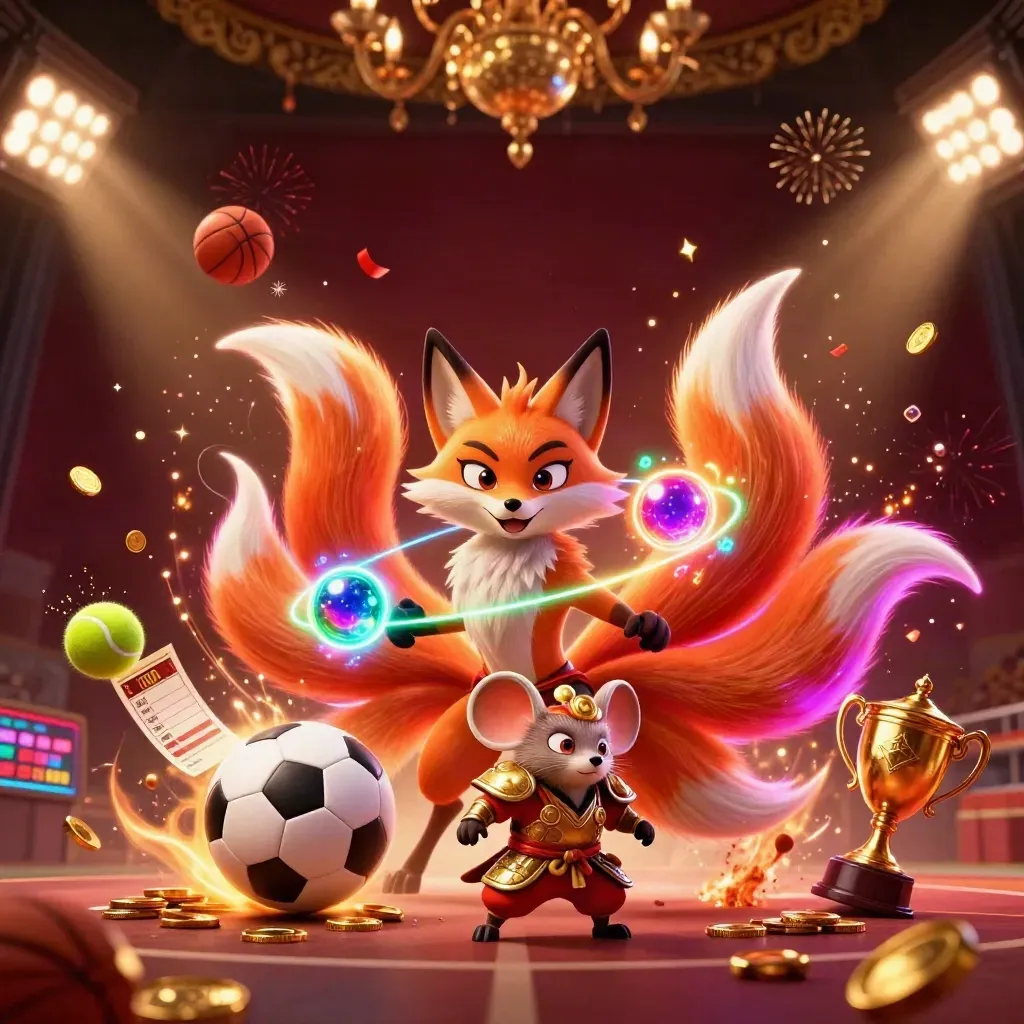 Nine-tailed fox spirit and armored mouse amid flying sports balls, coins, trophy, and fireworks.