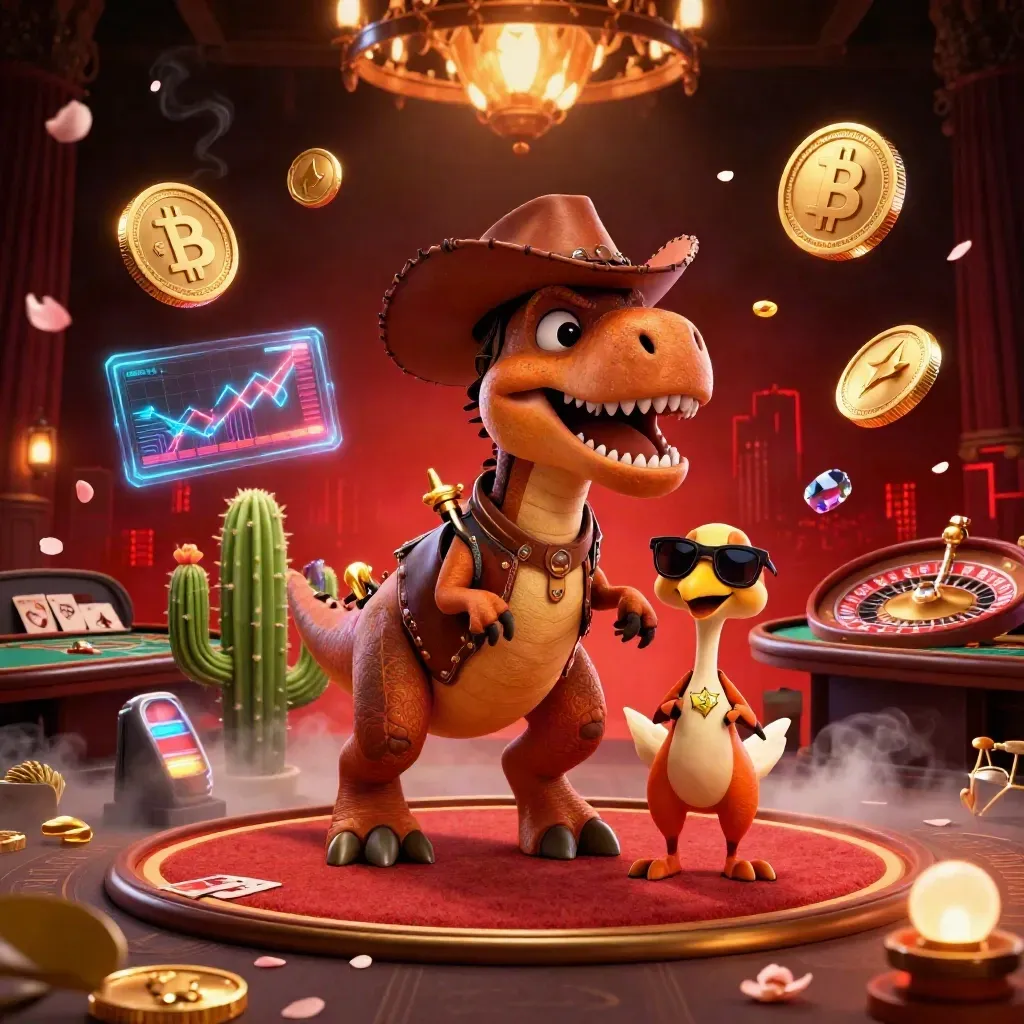 Cowboy T-Rex, cactus sidekick, and roadrunner amid neon casino loot and ember-lit glamour.