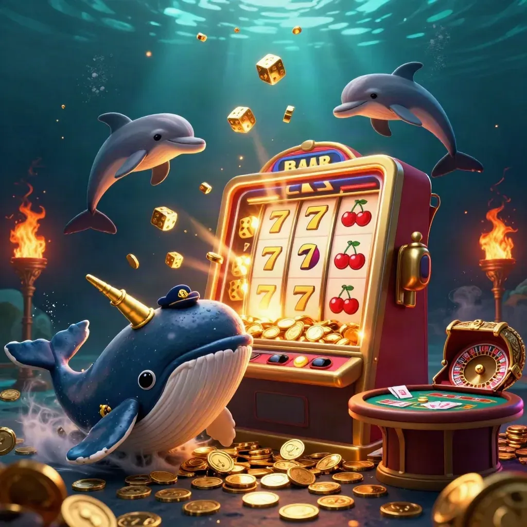 Whale captain, narwhal, and dolphins burst through coins beside a glowing slot machine underwater.
