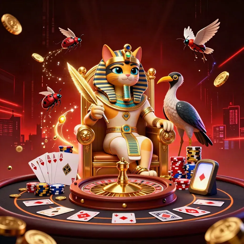 Pharaoh cat, ibis scribe, and gem-wing scarabs amid casino luxury and flying gold.