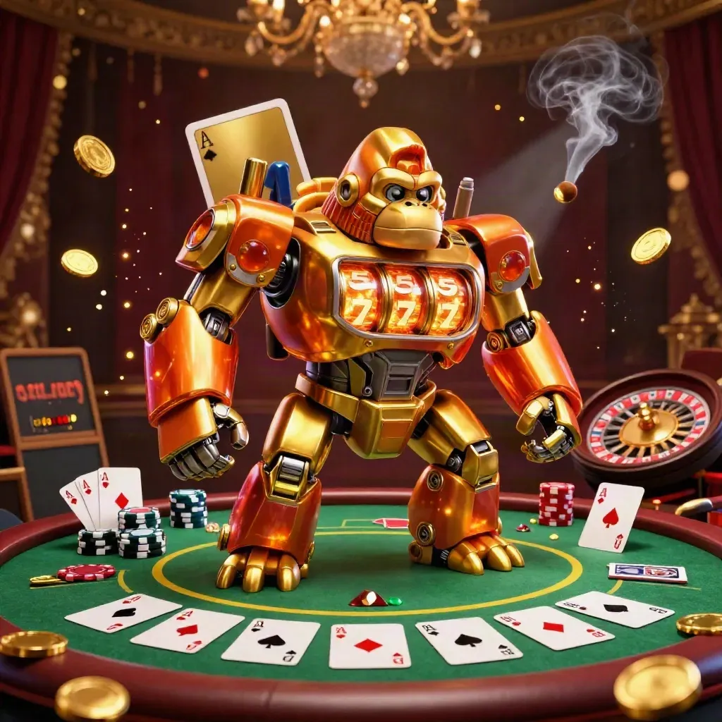 Golden gorilla slot-mech with monkey pilot amid poker, roulette and casino luxe glow.