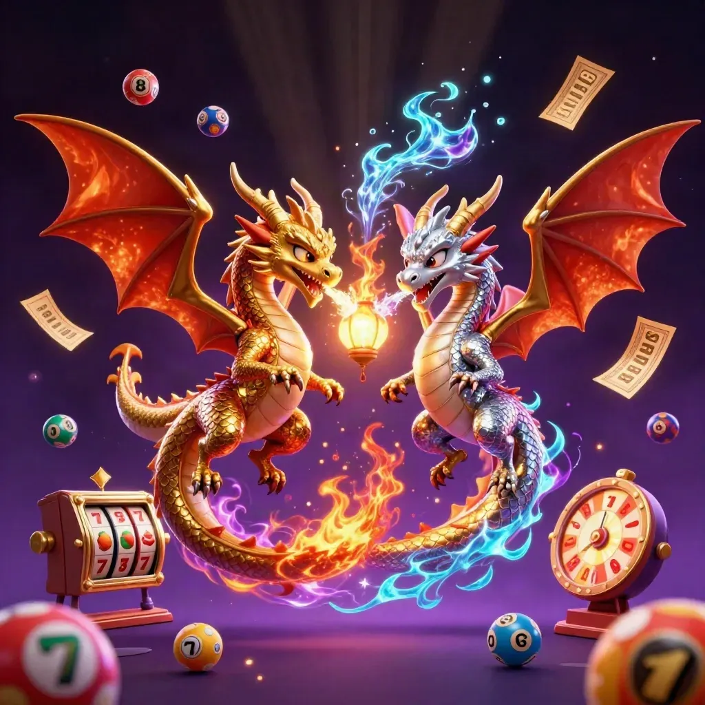 Gold and silver dragons swirl in fiery yin-yang flight with casino symbols exploding around them.