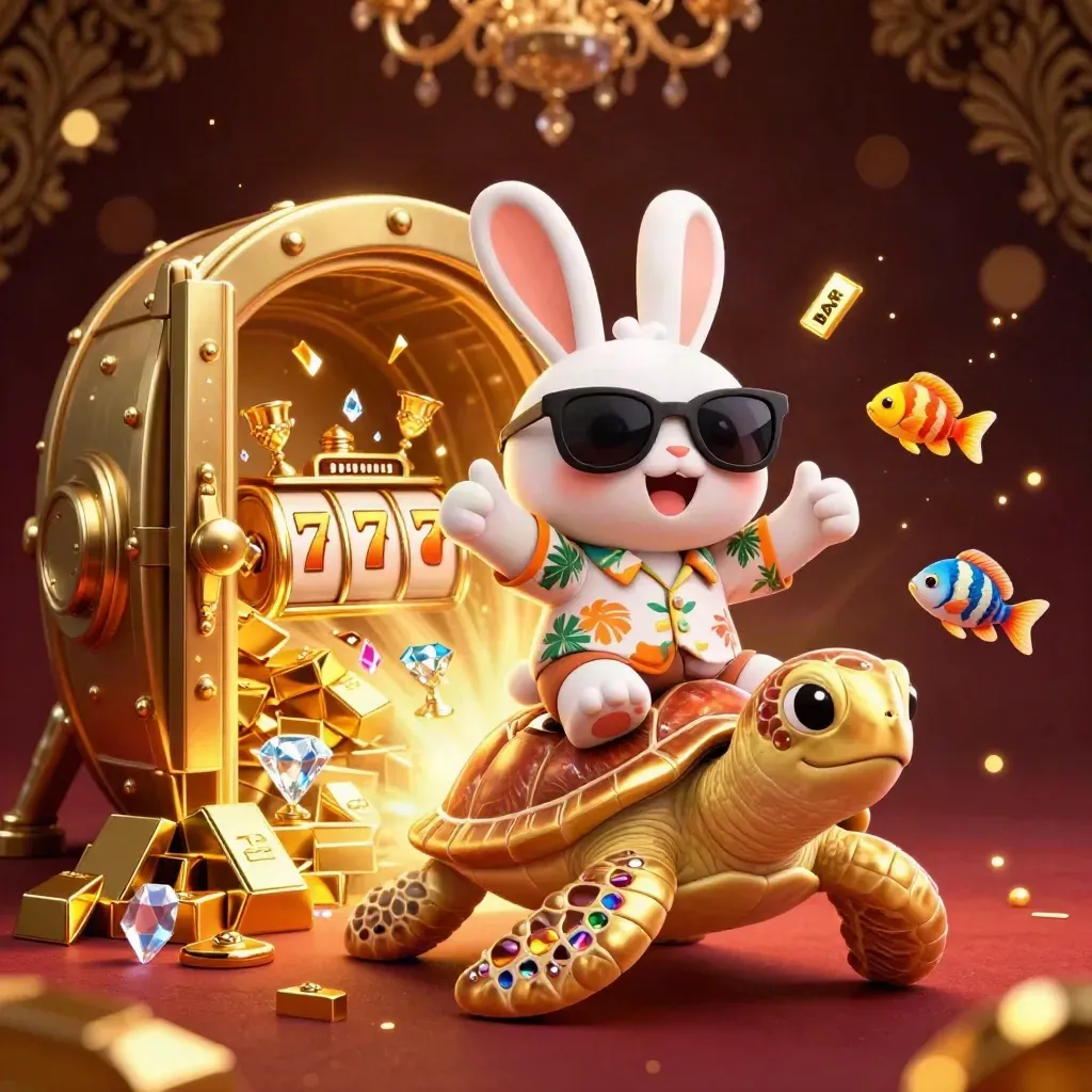 Lucky rabbit rides a golden sea turtle as treasure bursts from a vault, casino glamour everywhere.