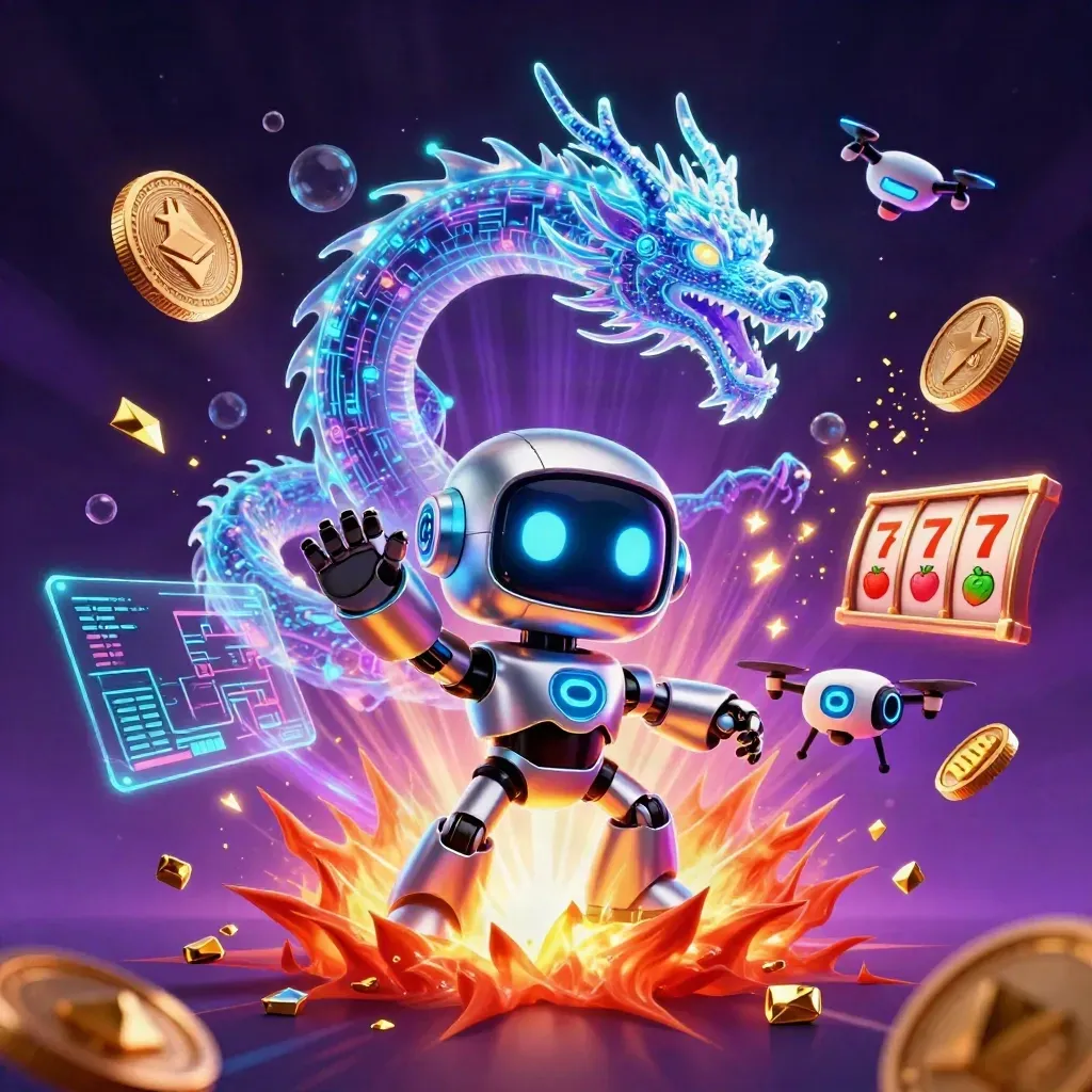 Robot, AI dragon, and coin drone amid neon crypto coins, treasure bursts, and glowing casino effects.