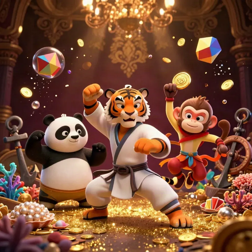 Tiger, panda, and monkey in an underwater treasure cove with coins, coral, and glowing casino flair.