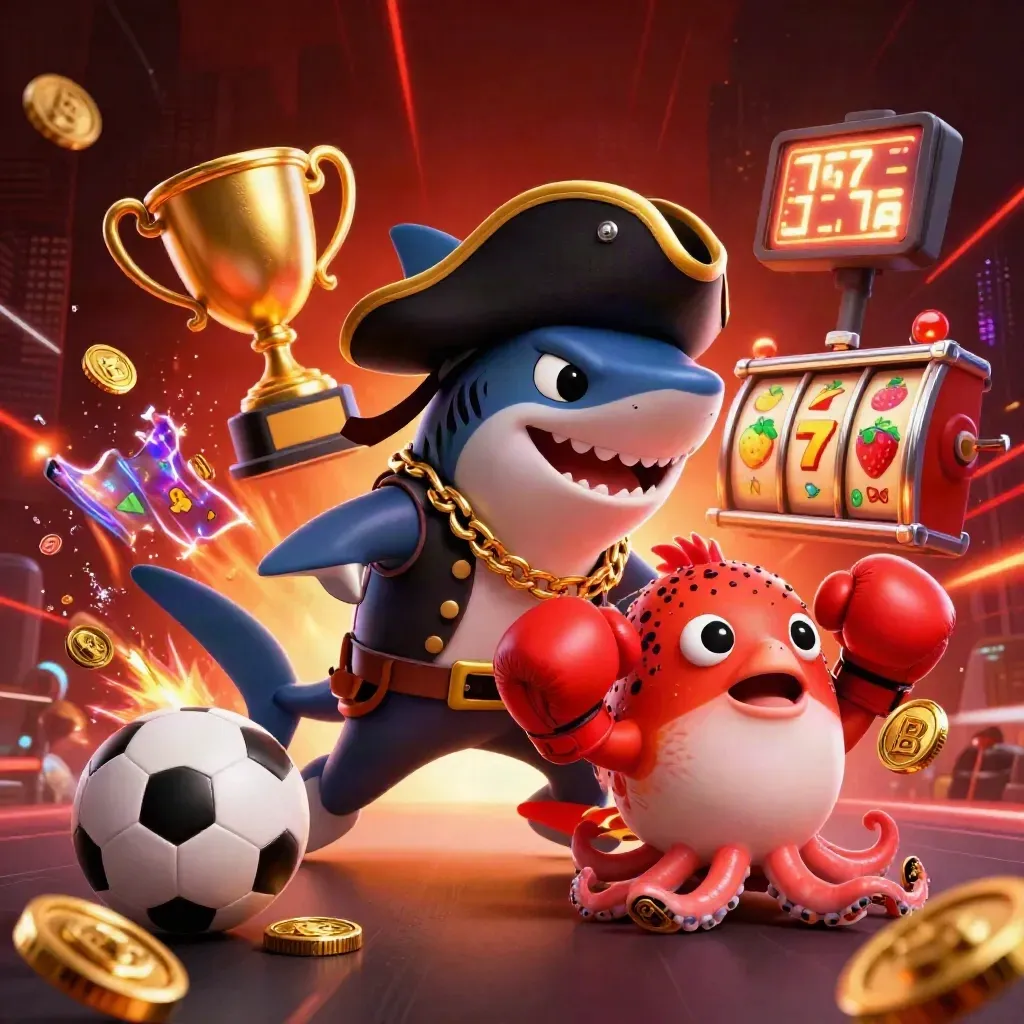 Pirate shark, red pufferfish boxer, and baby octopus amid coins, balls, trophies, and fiery neon energy.