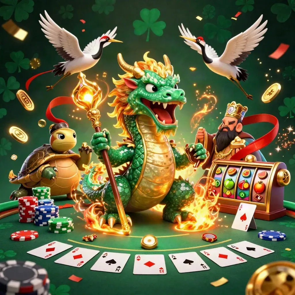 Emerald dragon, turtle sage, and cranes unleash golden fire amid casino treasures.