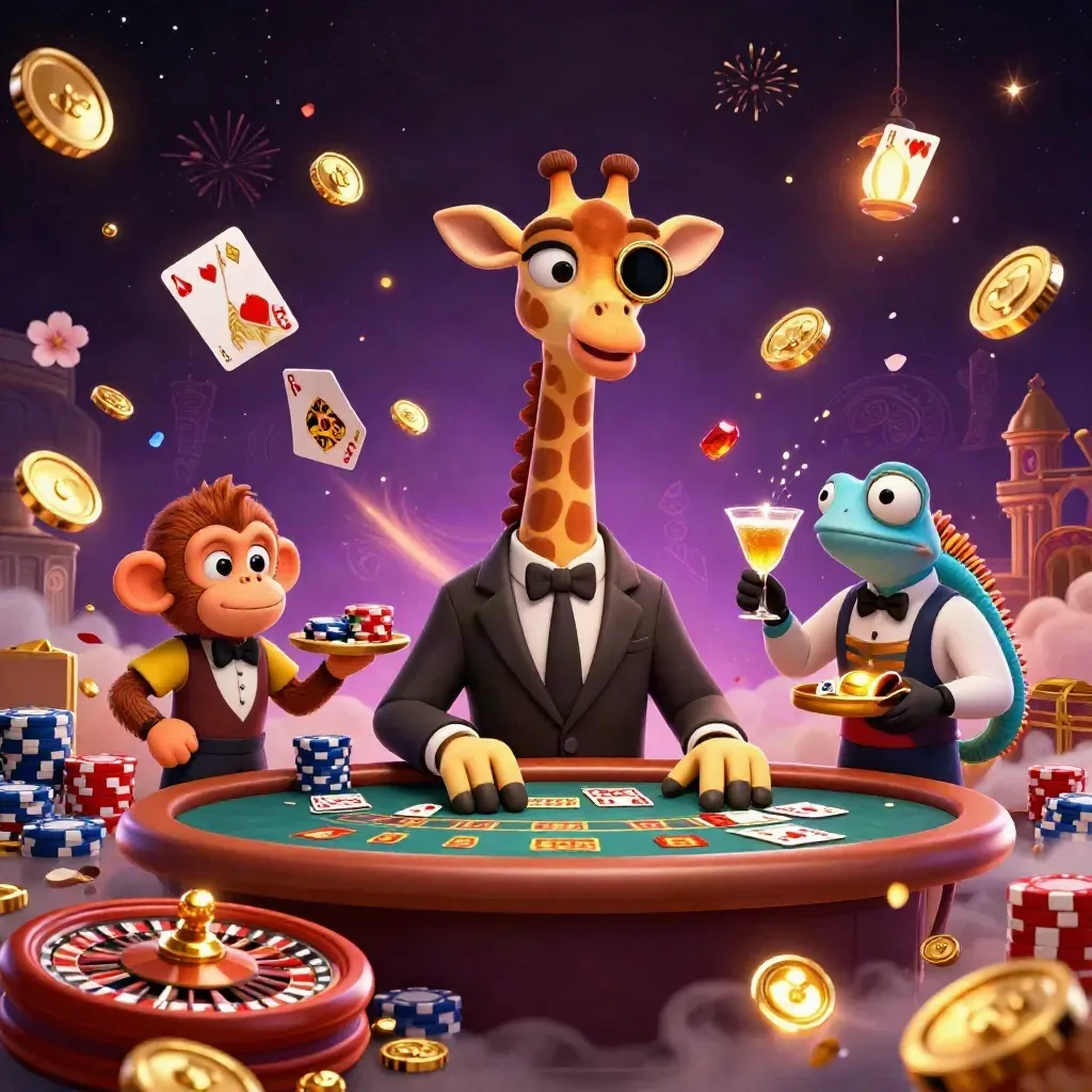 Fiery casino trio with giraffe, monkey, and chameleon amid coins, cards, and roulette glow.