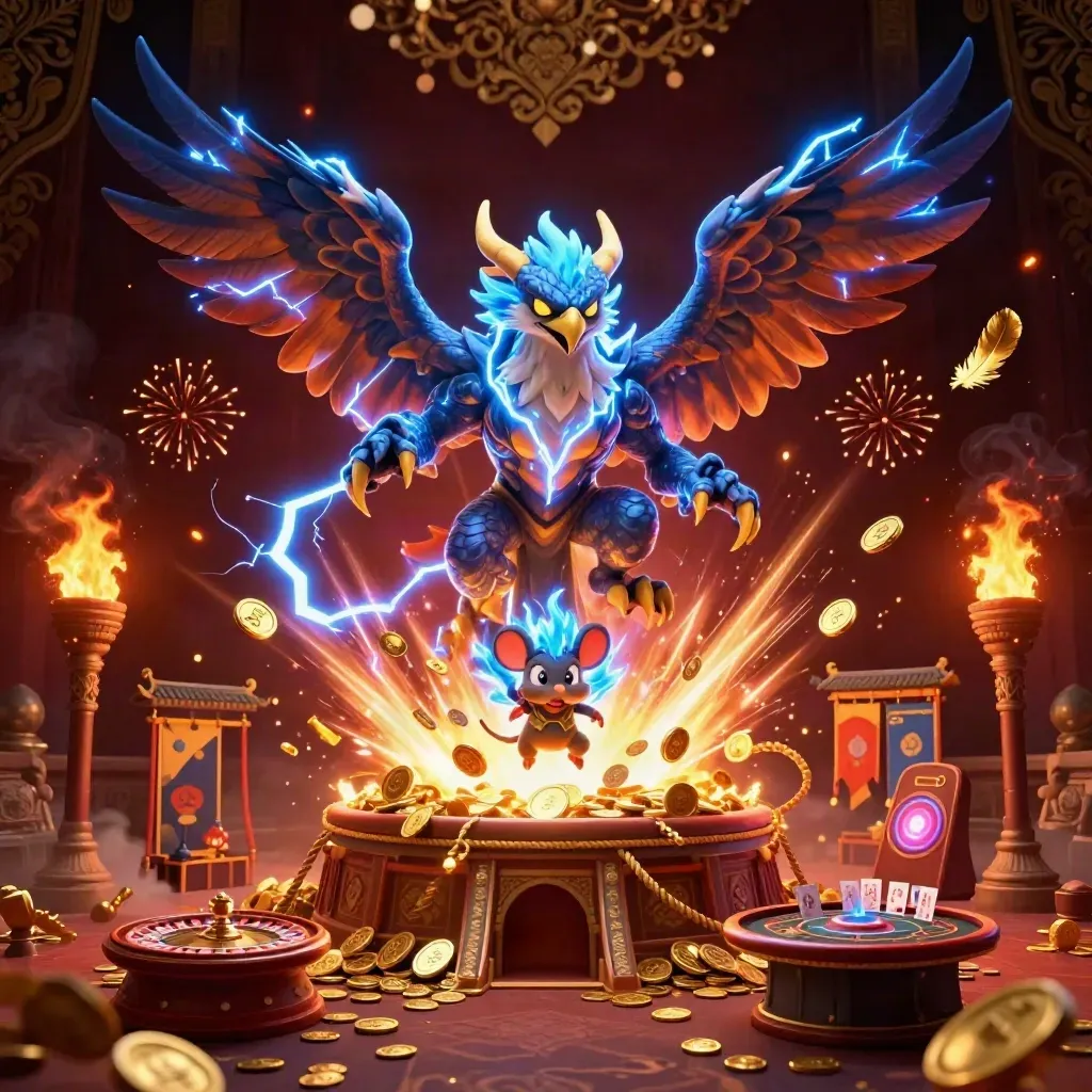 Thunder dragon, wind hawk, and static mouse amid casino treasure, coins, fireworks, and neon embers.