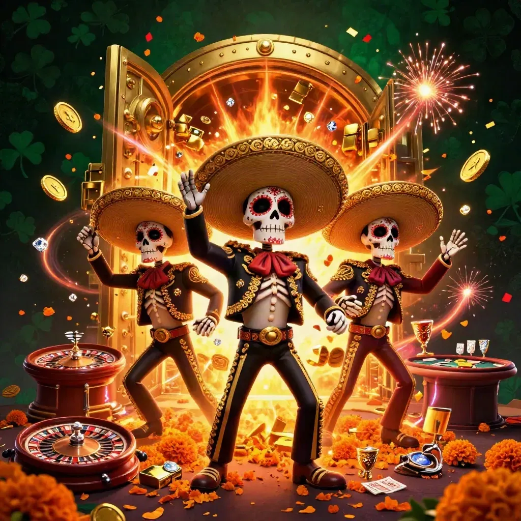 Day-of-the-Dead mariachi skeletons amid vault gold, fireworks, and casino tables.