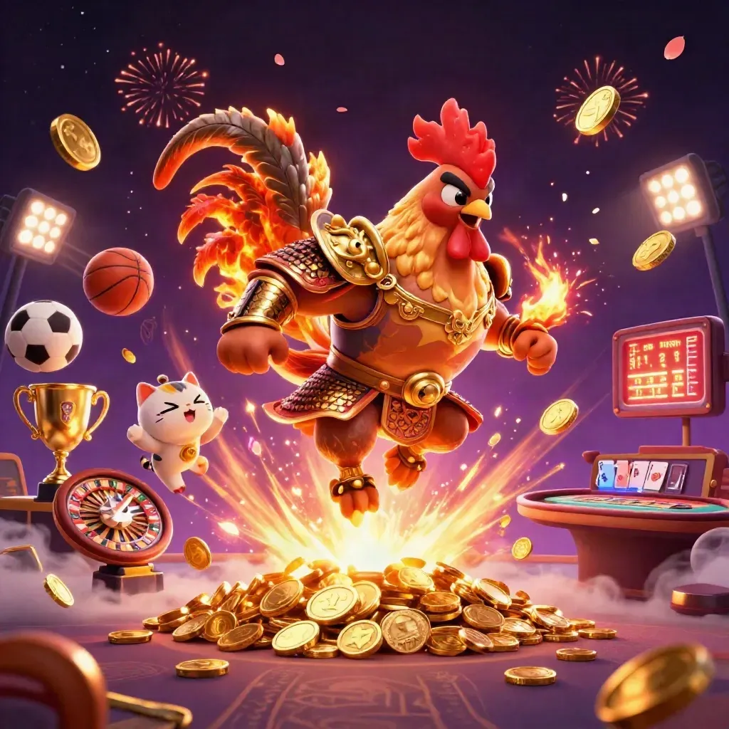 Rooster warrior, dragon hatchling, and fortune cat amid casino loot, coins, and fireworks.