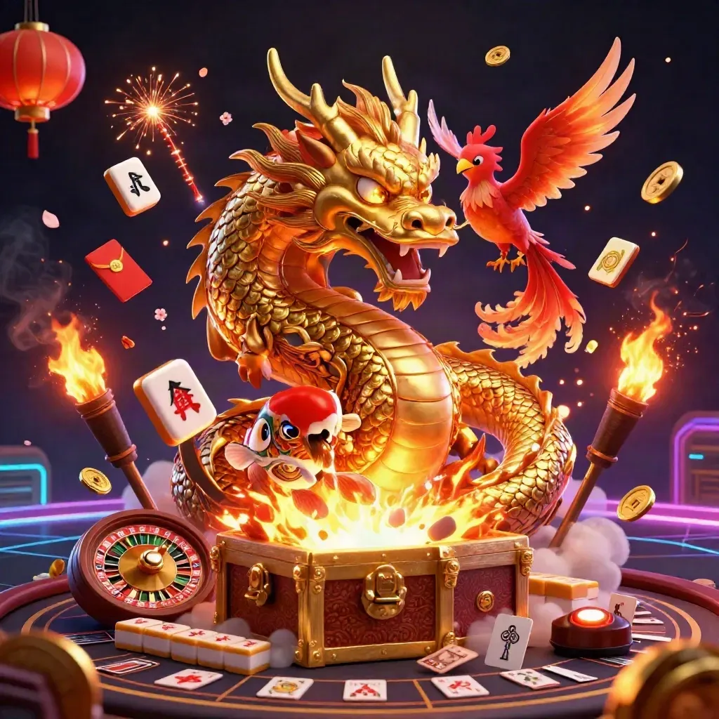 Golden dragon, phoenix, koi, casino treasures, coins, lanterns and fireworks in a dark neon vault.