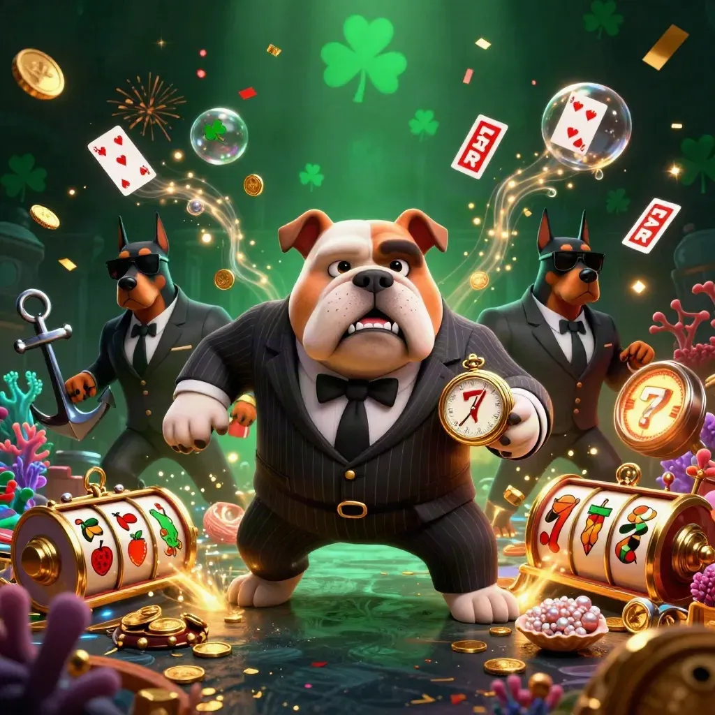 Bulldog boss with Doberman guards amid coins, reels, cards, and glowing treasure cove.