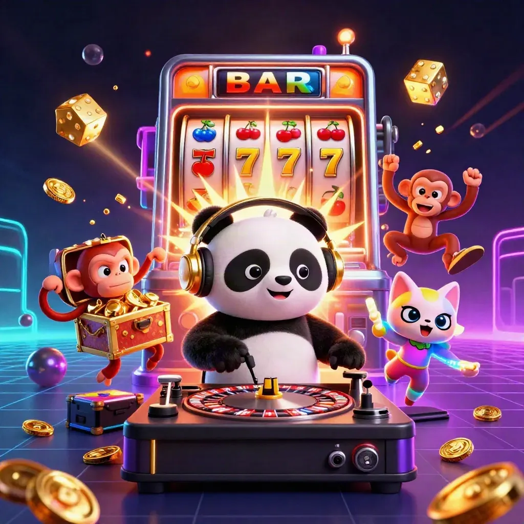 DJ panda, breakdancing monkey, and glow-stick kitten amid exploding slot reels and gold