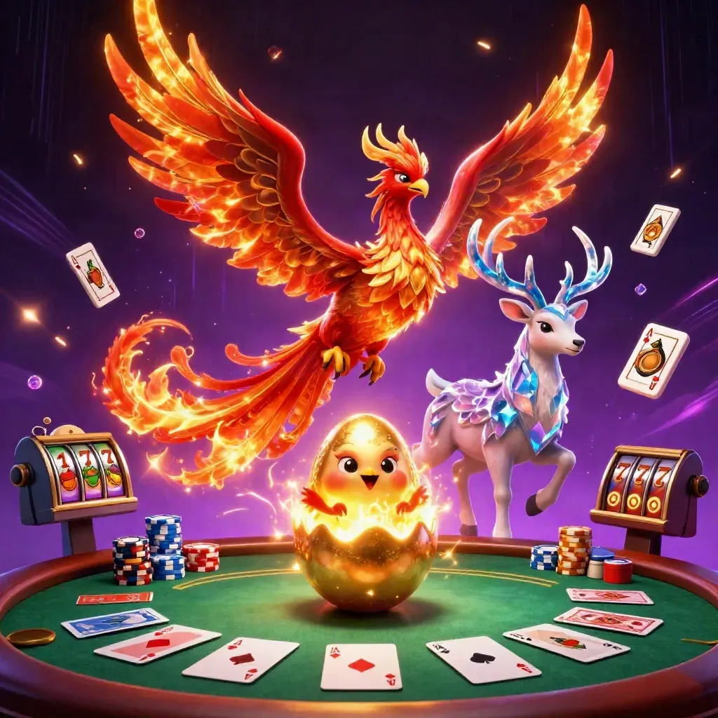 Flaming phoenix trio over casino chips, cards, reels, and glowing neon energy