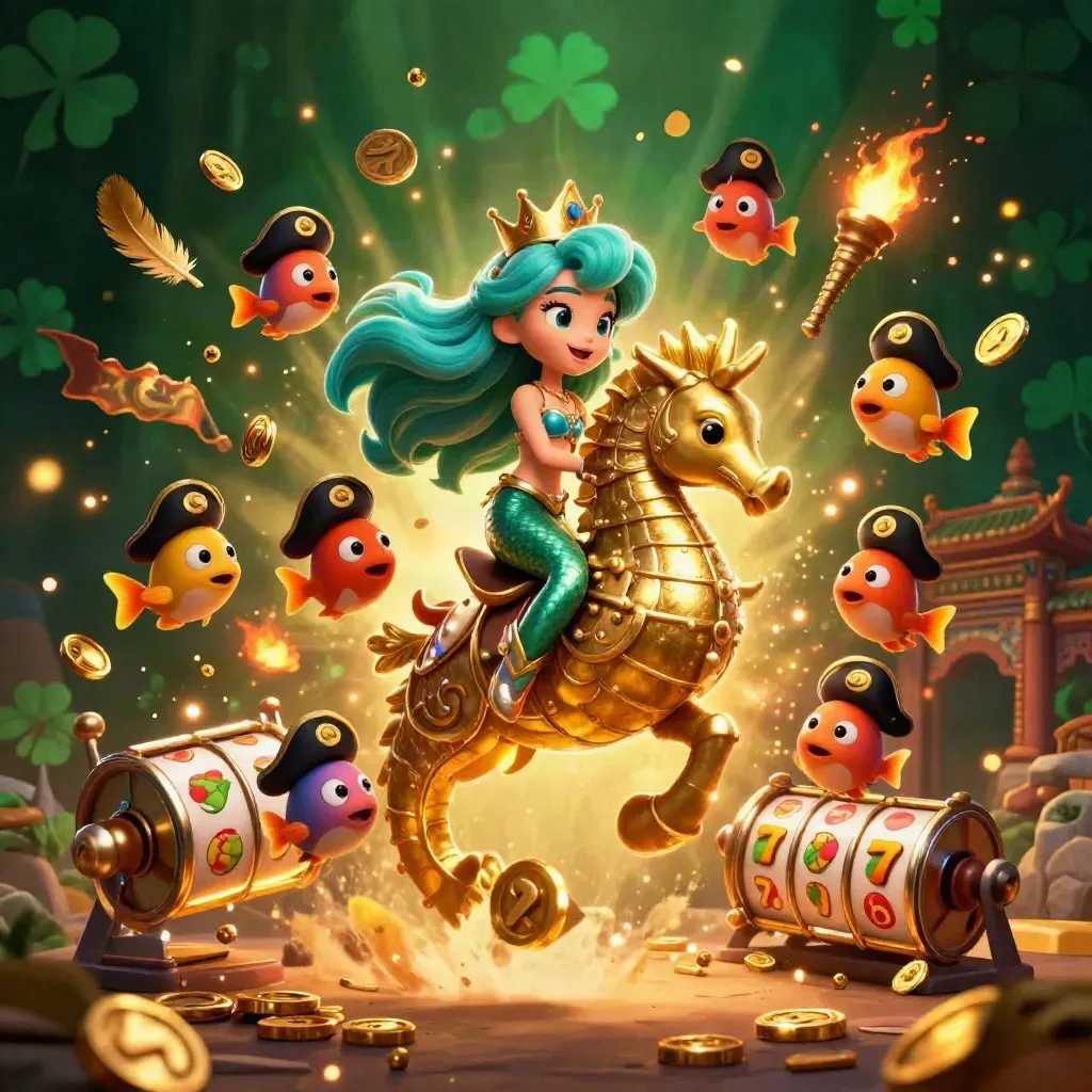 Mermaid princess rides an armored seahorse amid pirate fish, reels, coins, and temple glow