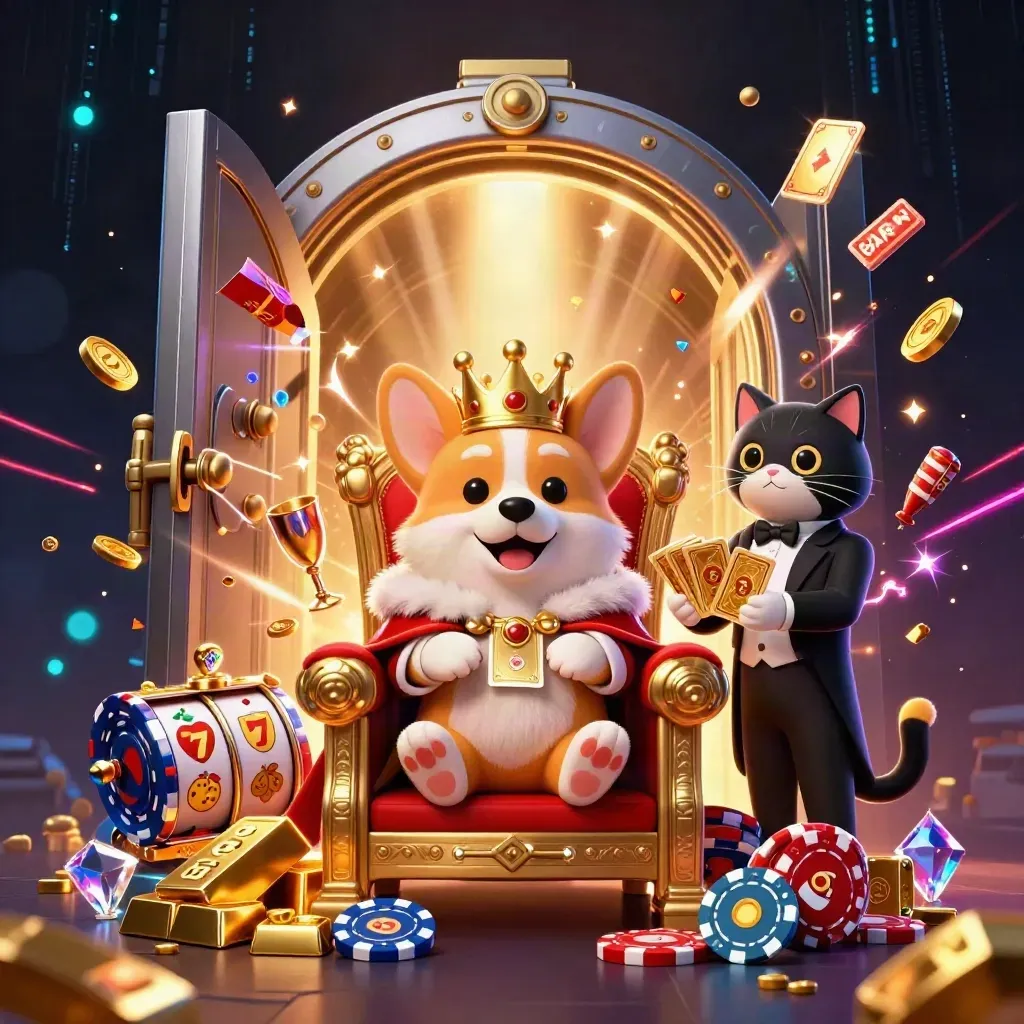 Royal corgi and cat butler amid vault gold, slot reels, neon effects, and flying gems.