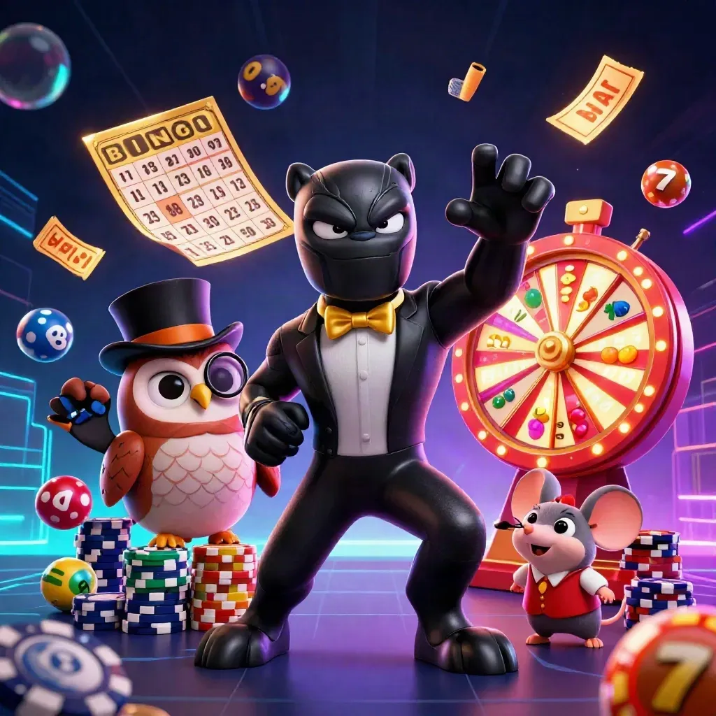 Panther, owl, and mouse play casino games amid glowing lottery balls and reels.