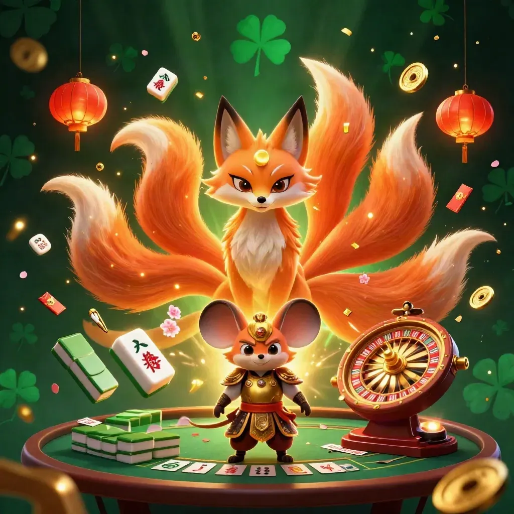 Fox spirit and armored mouse amid casino symbols, lanterns, coins, and glowing wheels.